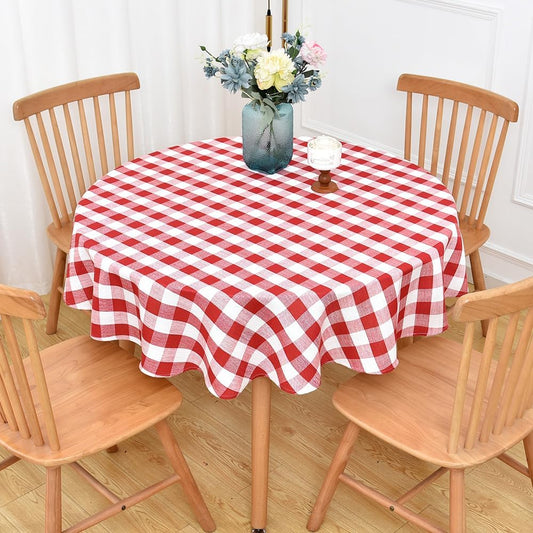 Gingham Round Tablecloth Table Cloth Heavy Duty Cotton Checkered Table Cloth Round Cover for Dining Room (R-Red, 53 inch Diameter)