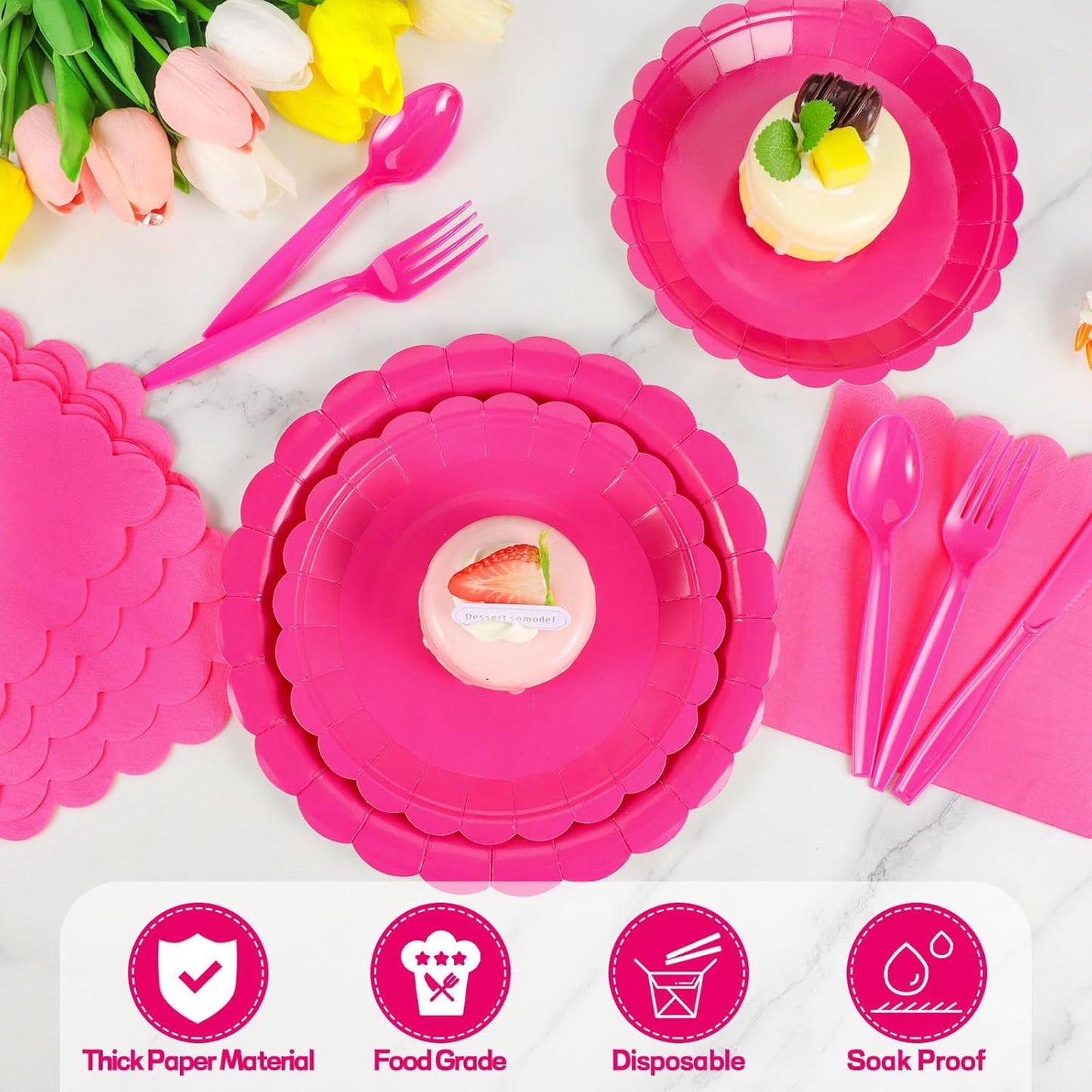 350 Pcs Hot Pink Paper Plates and Napkins, 50 Guest Hot Pink Party Supplies Include Scalloped Plates Napkins Cups Plastic Cutlery for Baby Shower,Birthday,Bridal Shower