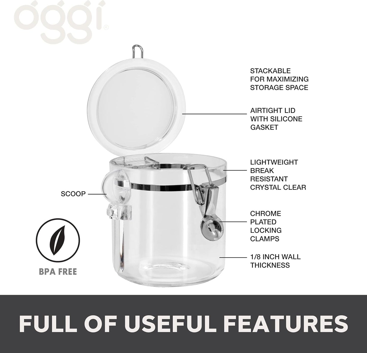 Oggi 4pc Clear Canister Set with Clamp Lids Airtight Containers in Sizes Ideal for Kitchen & Pantry Storage of Bulk, Dry Foods Including Flour, Sugar, Coffee, Rice, Tea, Spices & Herbs (Pack of 3)
