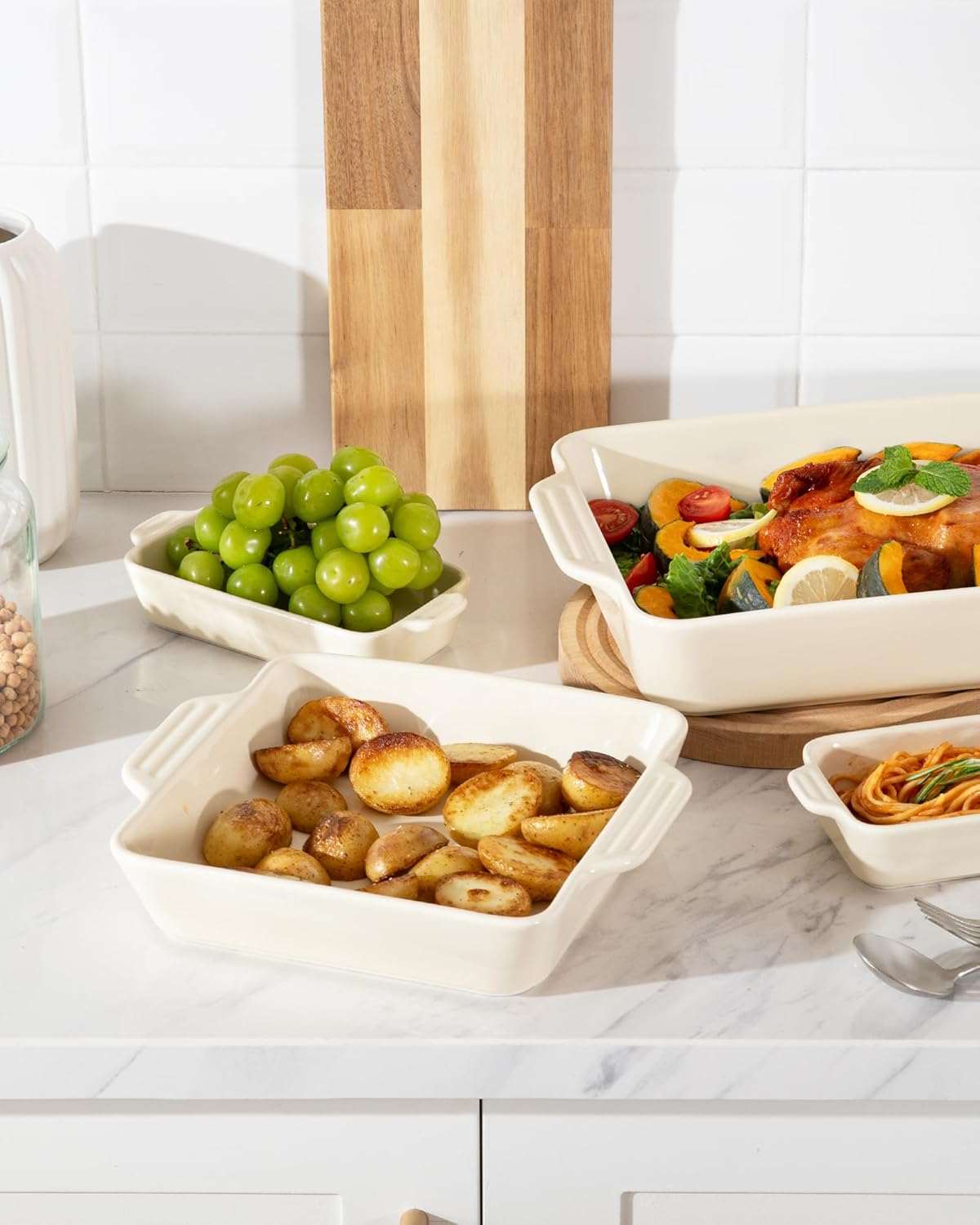 Sweejar Ceramic Bakeware Set of 4, Casserole Dishes for Oven, Rectangular Baking Dish with Handles, Lasagna Pans Deep for Cooking, Gratin, Roasting, Banquet and Daily Use (Beige)