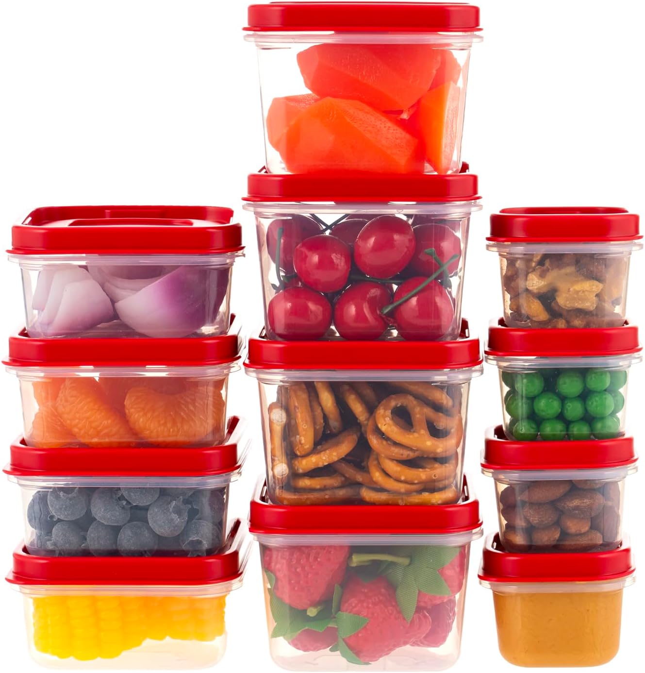 IRIS USA Plastic Food Storage Containers, 24 PC, 12/8/3 Oz Combo Set, 12 Small Containers With Lids, For Sides Snack Fruit Dips Condiments, Microwave Dishwasher Freezer Safe, BPA Free, Clear/Red