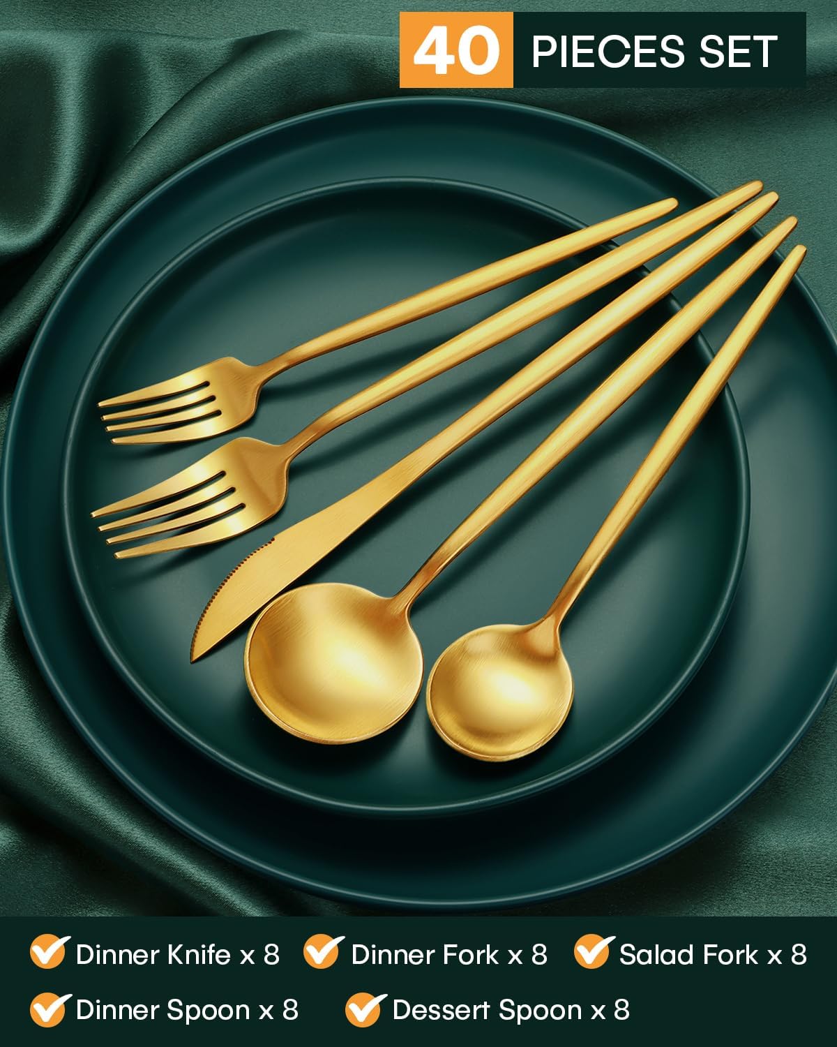 EUIRIO 40-Piece Matte Gold Silverware Set, Modern Flatware Set for 8, Premium Stainless Steel Cutlery Set with Forks Spoons and Knives, Heavy Duty Kitchen Utensils Set, Heavy Duty Dishwasher Safe