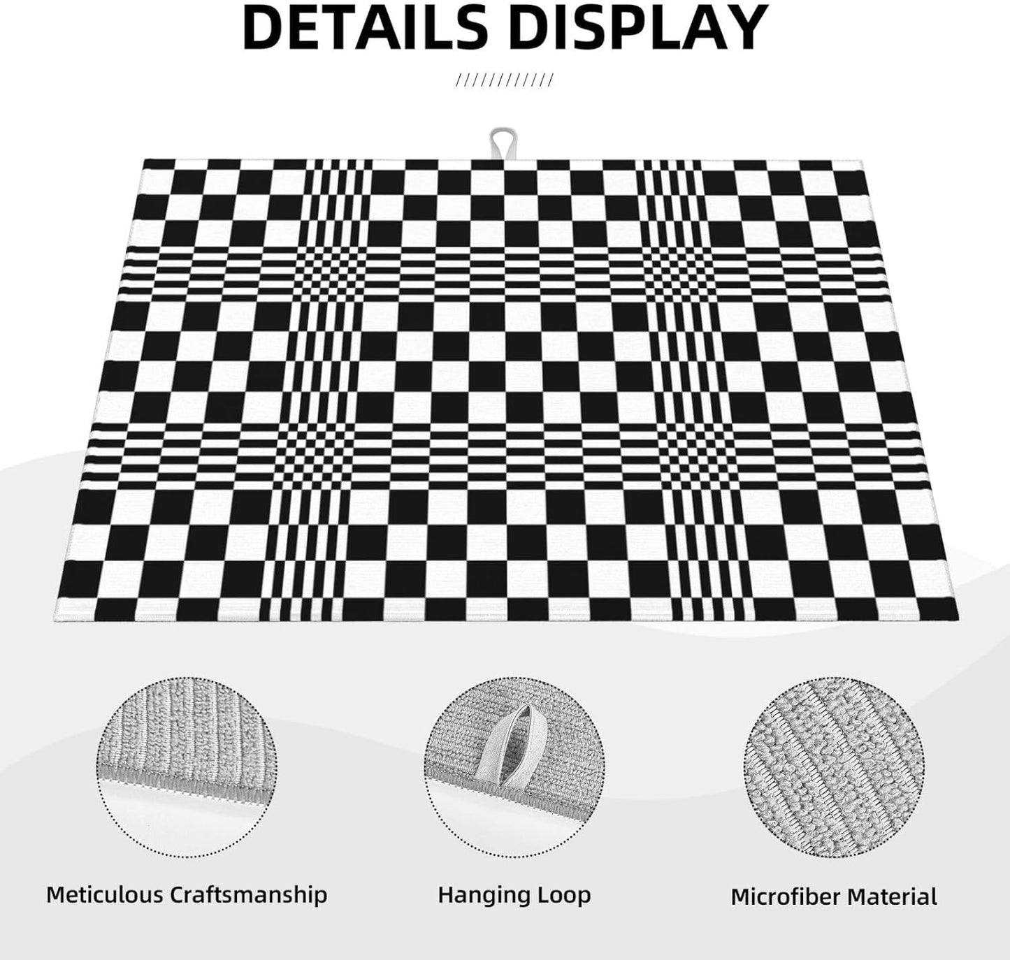 Black White Checkered Optical Art Dish Drying Mats for Kitchen Counter & Sink, Absorbent Microfiber Drying Pad for Dishes, Reversible Modern Geometric Dish Drainer Rack Mats, Home Decor, 18" x 24"