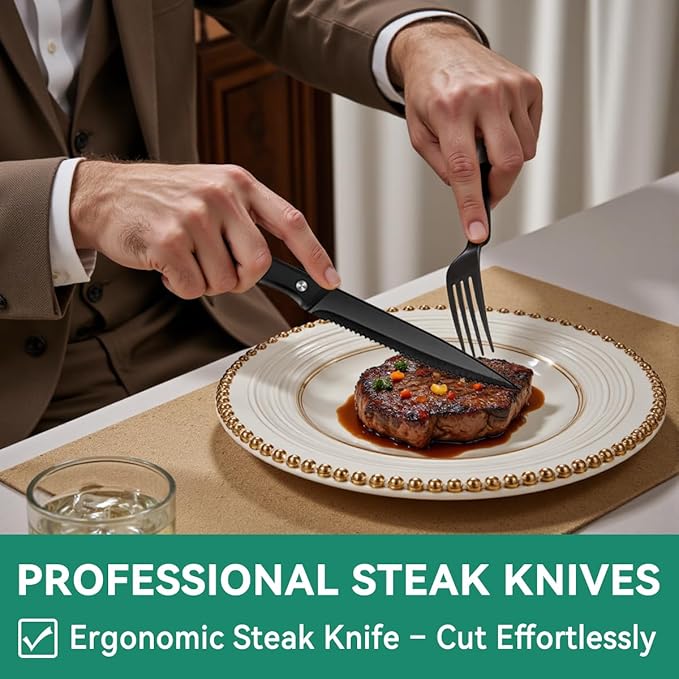 49-Piece Black Silverware Set with Organizer, Stainless Steel Flatware Set for 8 with Drawer Tray, Cutlery Steak Knives Fork Spoon for Home Restaurant, Mirror Finish, Dishwasher Safe