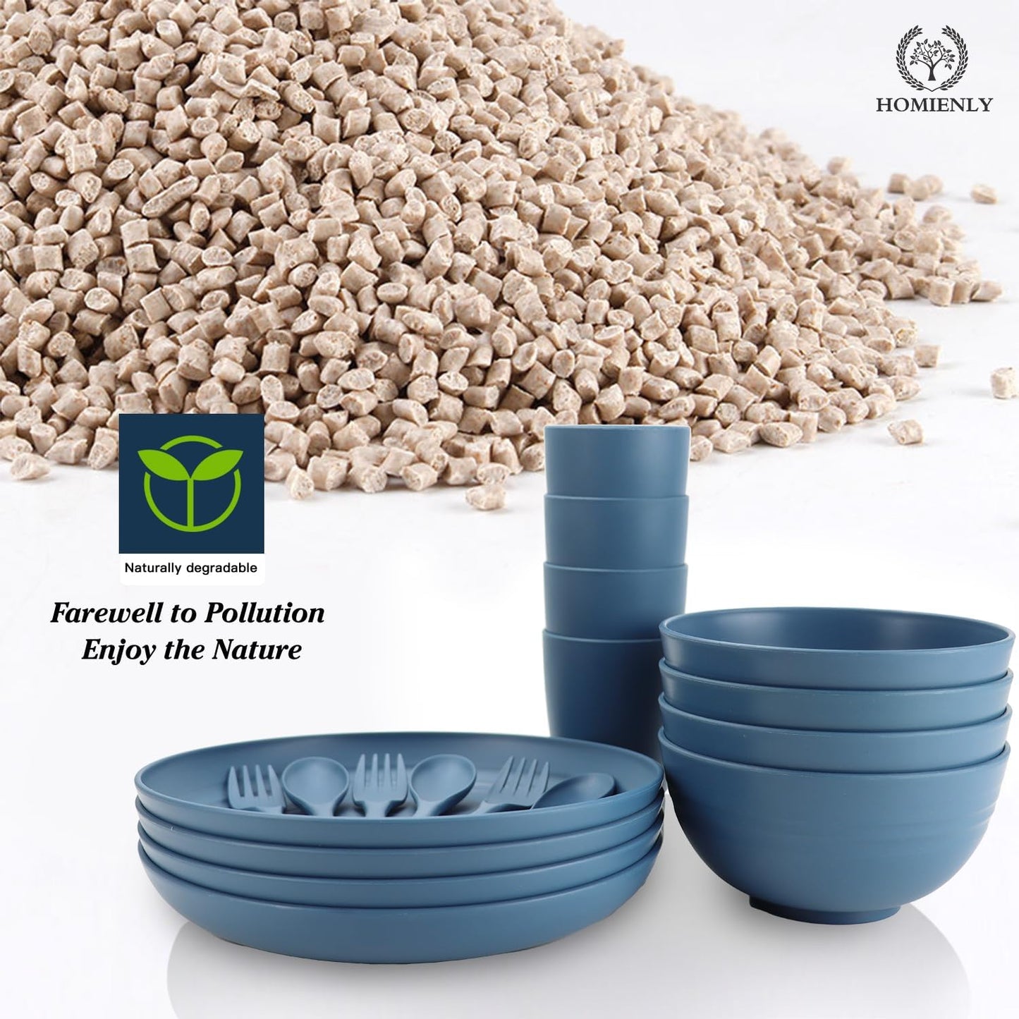 Wheat Straw Dinnerware Sets, Homienly 20pcs Unbreakable Microwave Dishwasher Safe Tableware Lightweight Bowls, Cups, Plates Set Reusable Dinner Plates Bowls set (Blue)