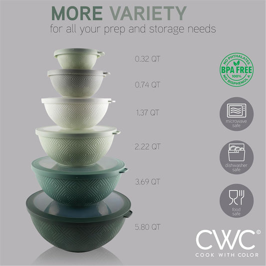 COOK WITH COLOR Mixing Bowls with Lids - 12 Piece Plastic Nesting Bowls Set includes 6 Prep Bowls and 6 Lids, Rhombus Design - Microwave Safe (Sage)