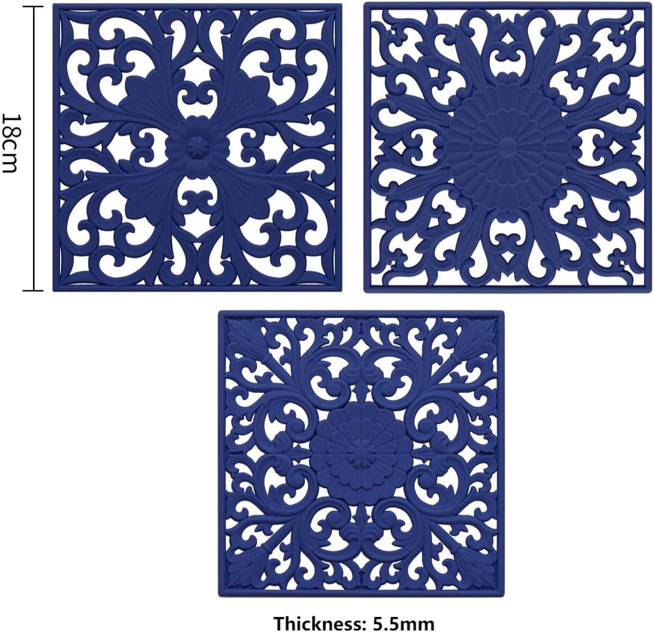 Silicone Trivets for Hot Dishes-Pots&Pans, Multi-Use Carved Trivet Mat, Insulated Silicon Mats, Flexible Square Trivet for Countertop&Tabletop, Silicone Pot Holders Hot Pads Set 3 Blue