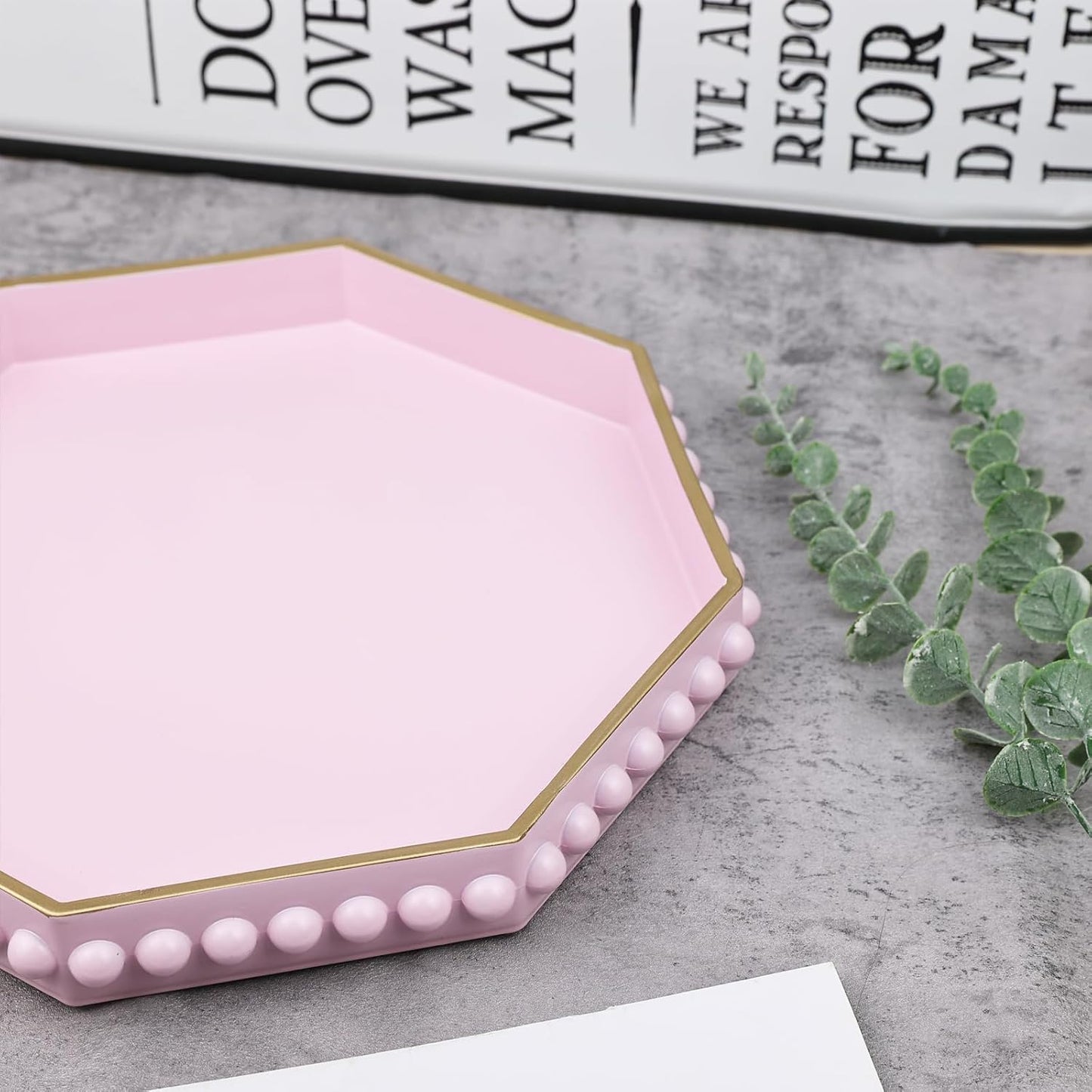 Pink Serving Tray for Coffee Table, Octagonal Beaded Plastic Decorative Tray for Ottoman, Kitchen Counter, Living Room, Outdoor Lacquer Tray for Entertaining