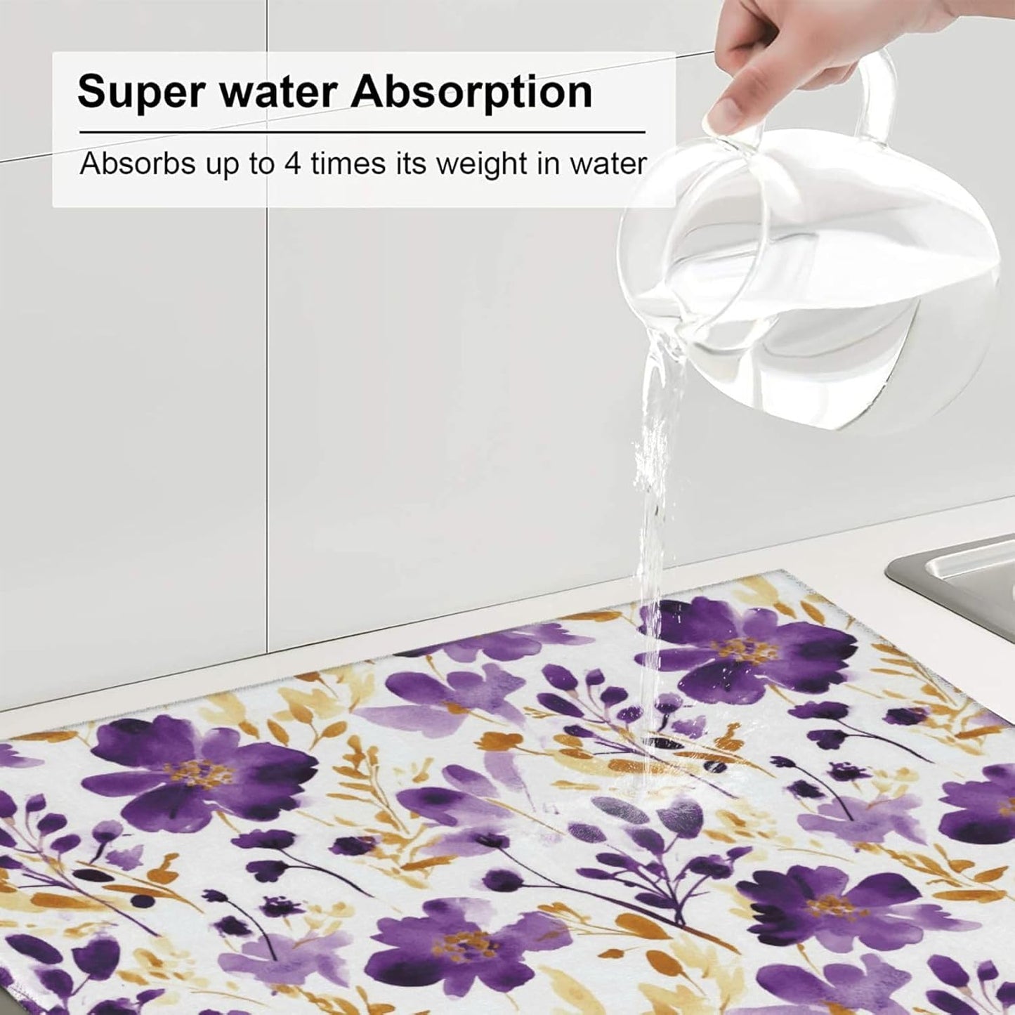 Purple Gold Watercolor Floral Dish Drying Mats for Kitchen Counter & Sink, Absorbent Microfiber Drying Pad for Dishes, Washable Foldable Romantic Kitchen Mat for Dining Area & Home Decor, 16" x 18"