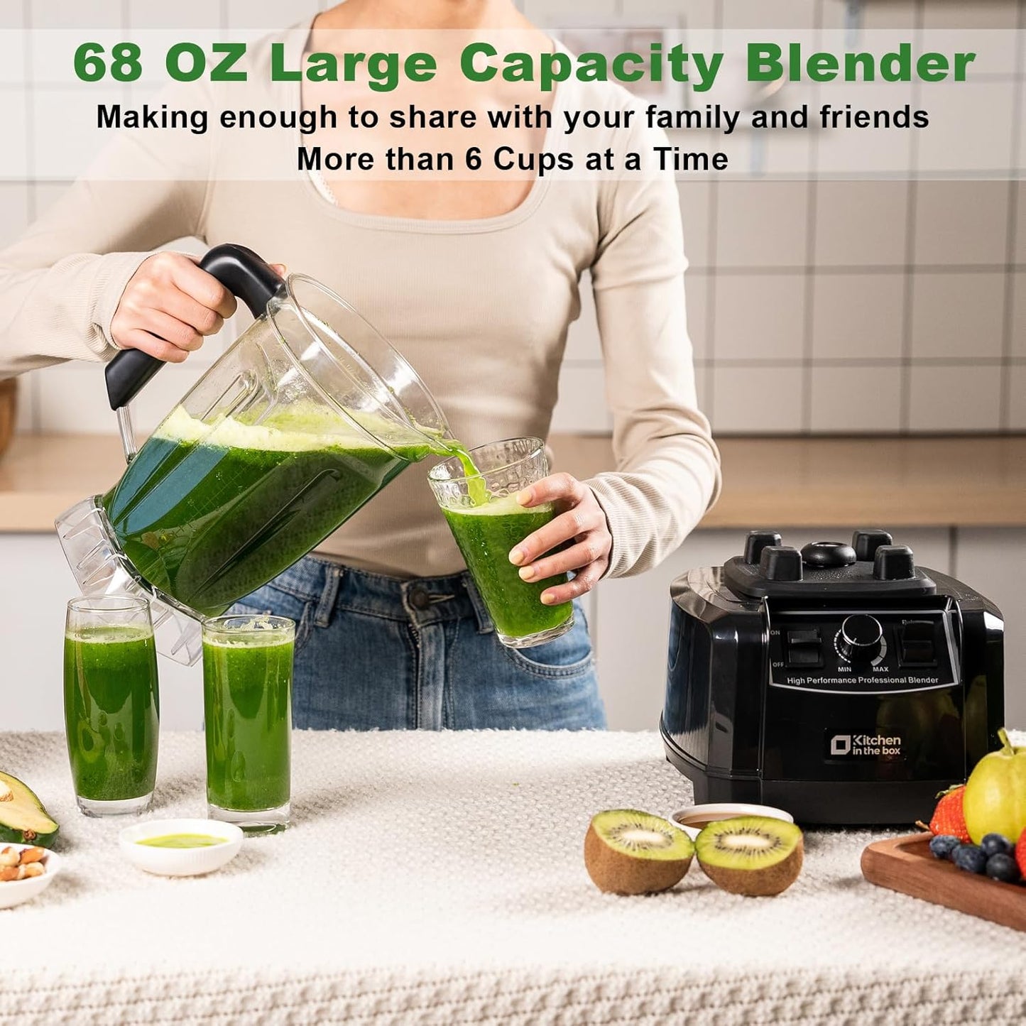 Kitchen in the box Blender 68 OZ - 1500 Watt Kitchen Smoothie Blenders Large Capacity, Professional Blender Making Frozen Drinks, Ice Crushing, Protein Shakes, BPA Free (Black)