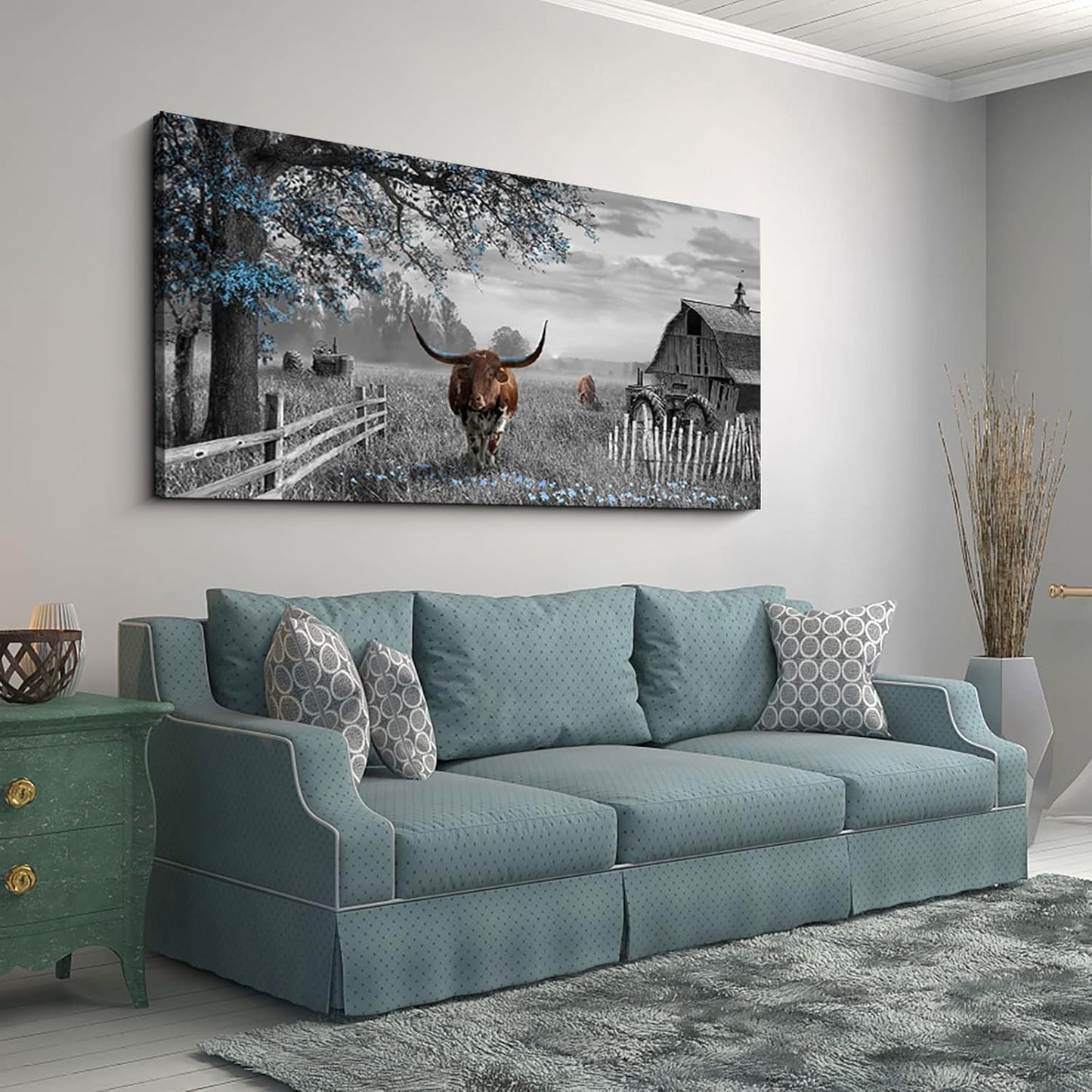 yiijeah Western Home Decor - Cow Picture Rustic Wall Art - 48x24 Inches Longhorn Wall Decor Living Room Bedroom Canvas Framed Artwork Farmhouse Wall Decor