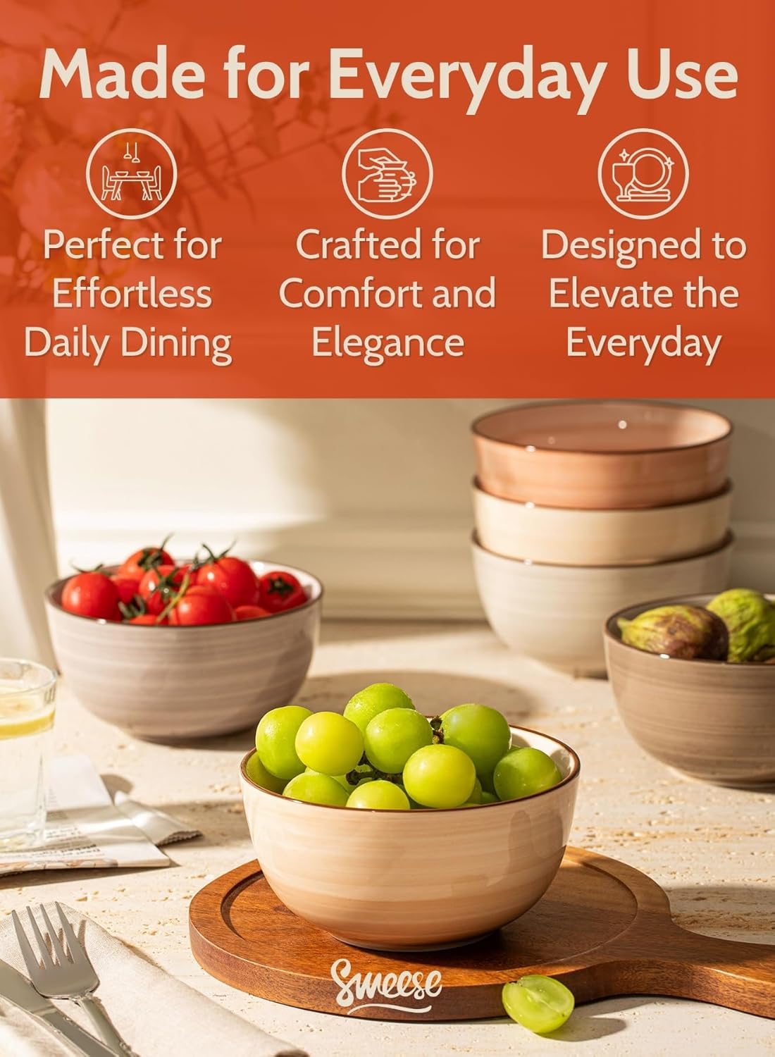 Sweese 20 Oz Porcelain Cereal Bowls - Multicolor Set of 6, Dishwasher Safe, for Soup, Salad, Rice, Kitchen Decor