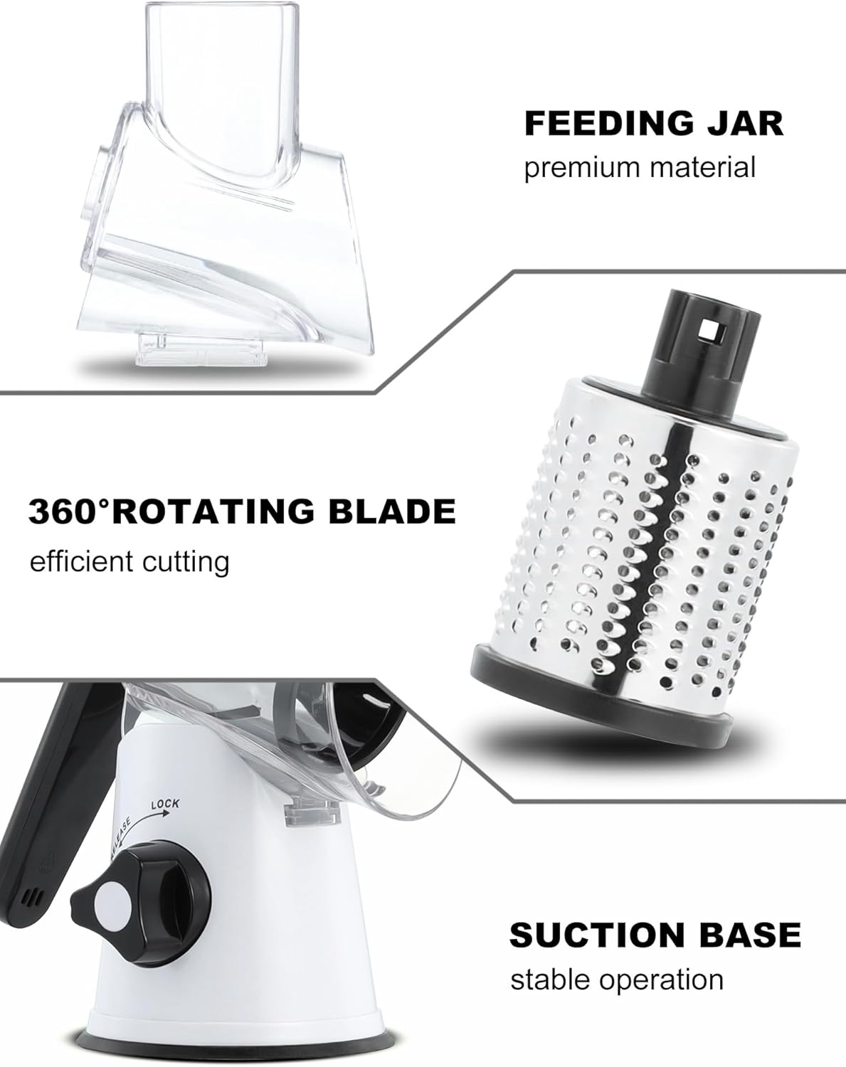 Cheese Grater Rotary, Rotary Grater for Kitchen, Kitchen Grater Vegetable Slicer with 3 Drum Blades, Fast Cutting Cheese Shredder for Vegetables and Nuts