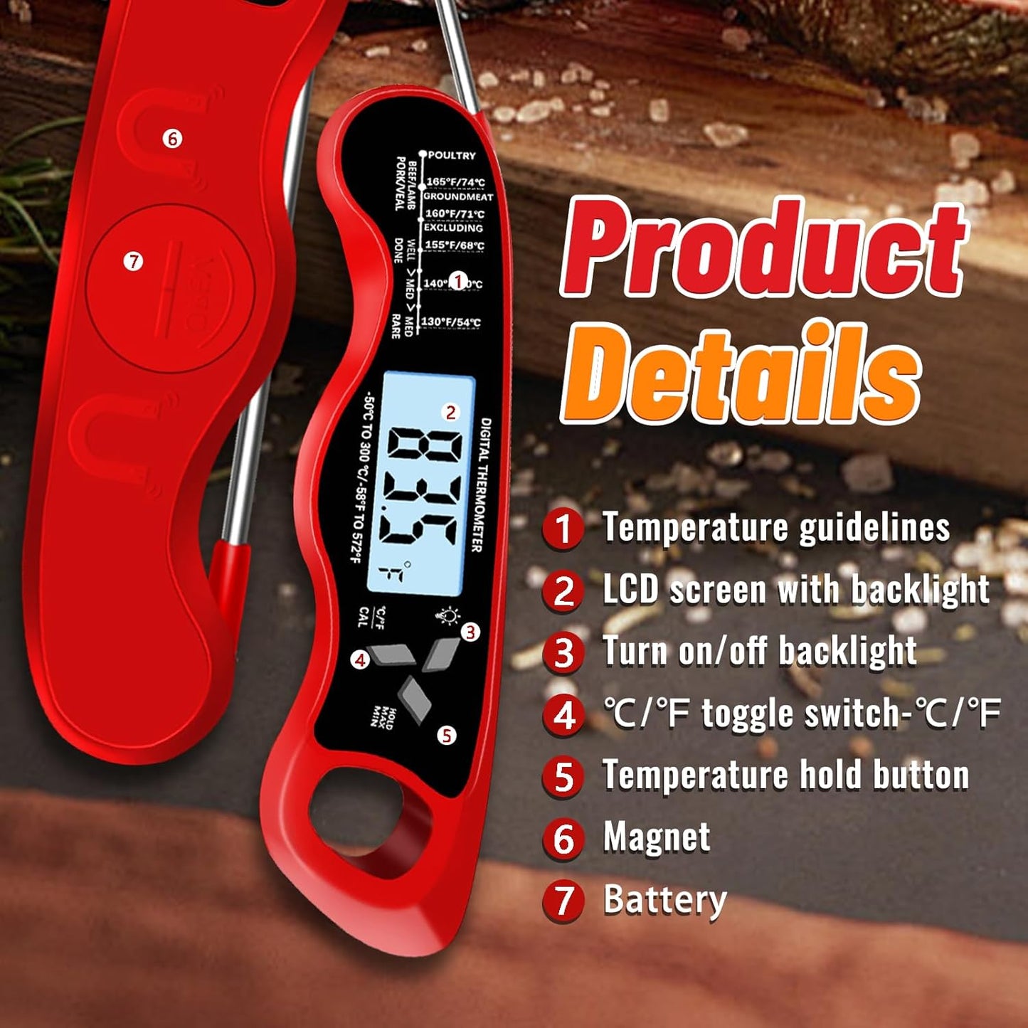 Meat Thermometer, IP67 Waterproof Digital Meat Thermometer with Backlight, Hold Function & Magnet for Grill, BBQ, Candy, Beef,Turkey，Gadgets Essentials BBQ Accessories,Mens Stocking Stuffers