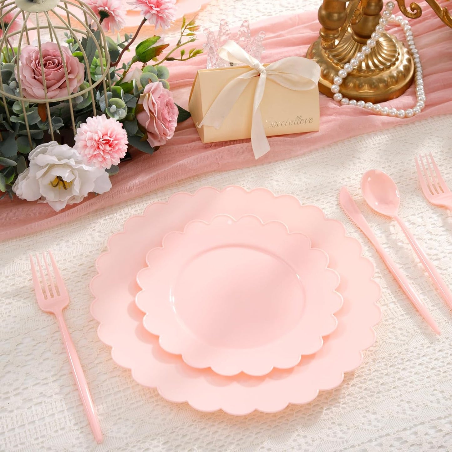 WONDERFUL 150 Pcs Pink Plastic Plates Disposable Plastic Dinnerware Set Pink Silverware Set Disposable Plates for Party Wedding & Bridal Shower Pink Party Decorations Suitable for 30 Guests