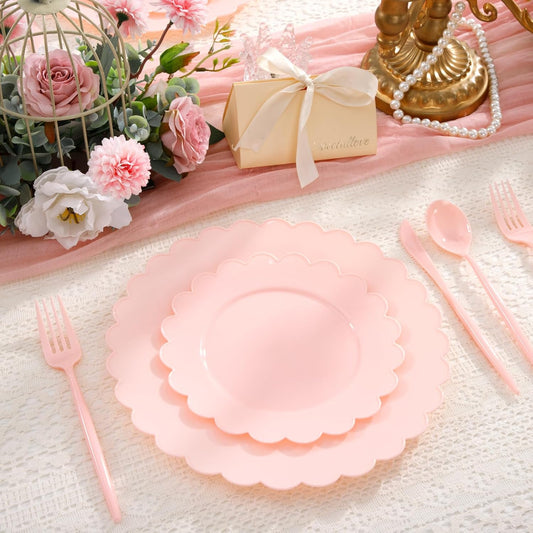 WONDERFUL 150 Pcs Pink Plastic Plates Disposable Plastic Dinnerware Set Pink Silverware Set Disposable Plates for Party Wedding & Bridal Shower Pink Party Decorations Suitable for 30 Guests