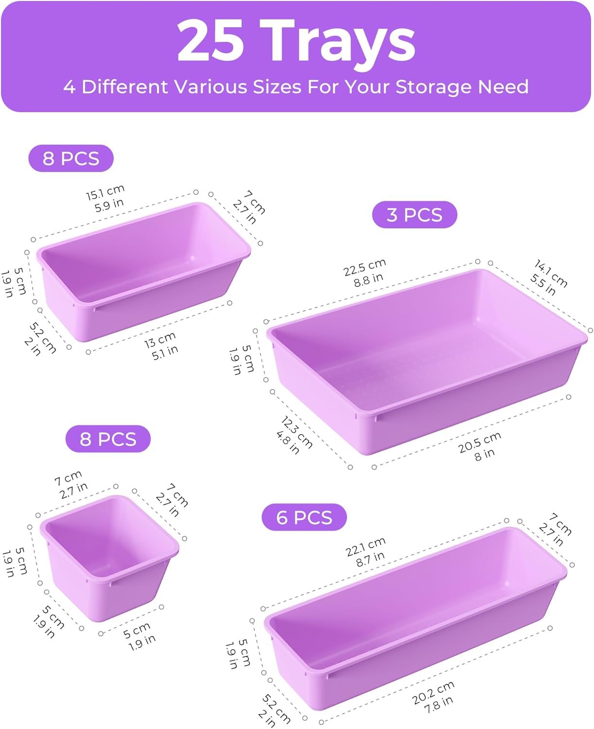 25 PCS Plastic Drawer Organizers Set, 4-Sizes Vanity and Makeup Organizer, Desk and bathroom Drawer Organizer Trays, Organizers and Storage for Makeup, Jewelry, Gadgets, Utensils (Purple)