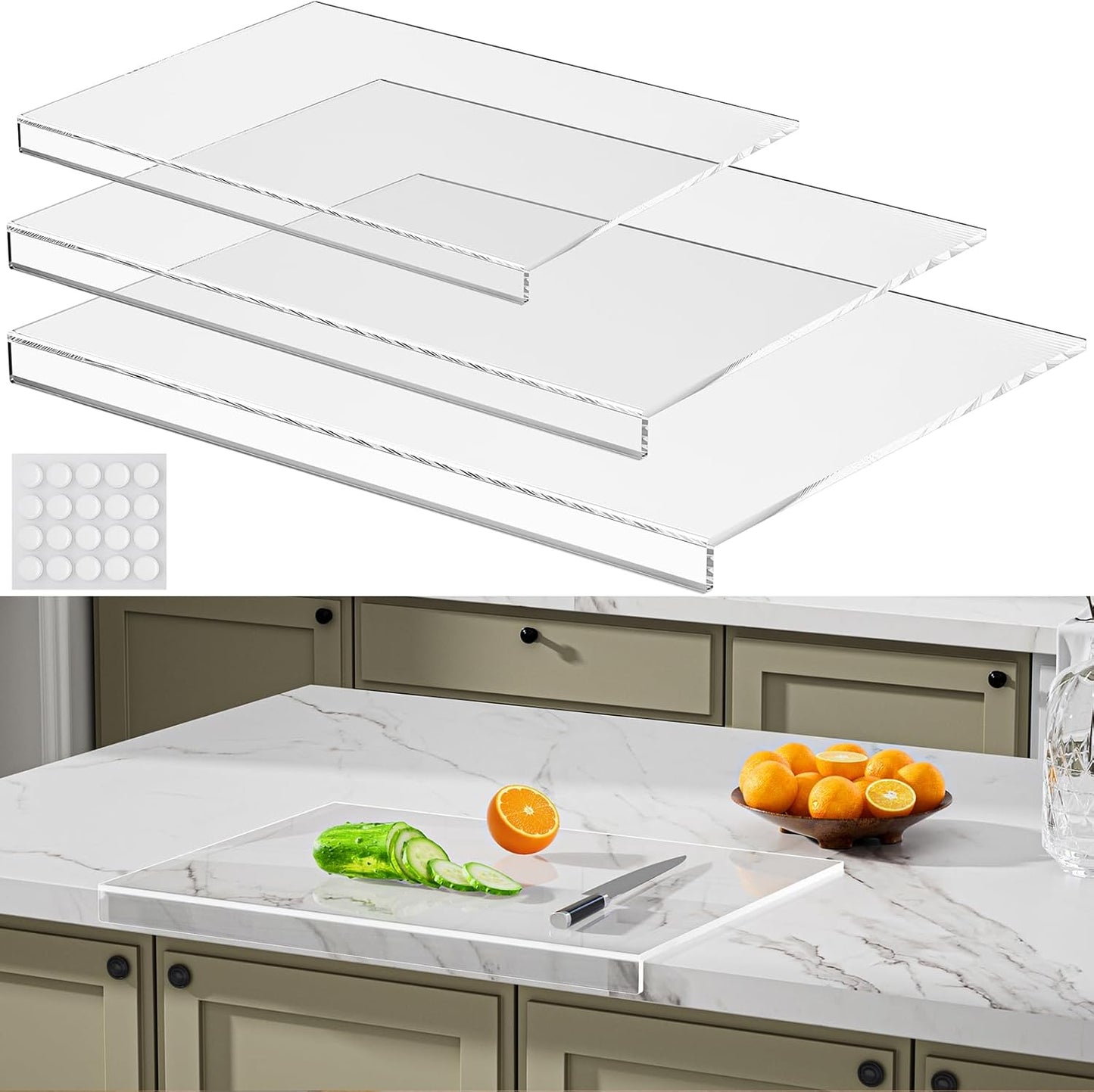 Acrylic Cutting Board with Counter Lip 3-Piece(17.5"x13.5", 16"x12", 11.5"x7.5"), Clear Non-Slip Cutting Boards for Countertop Protection, Durable Chopping Boards for Kitchen Ideal Housewarming Gifts