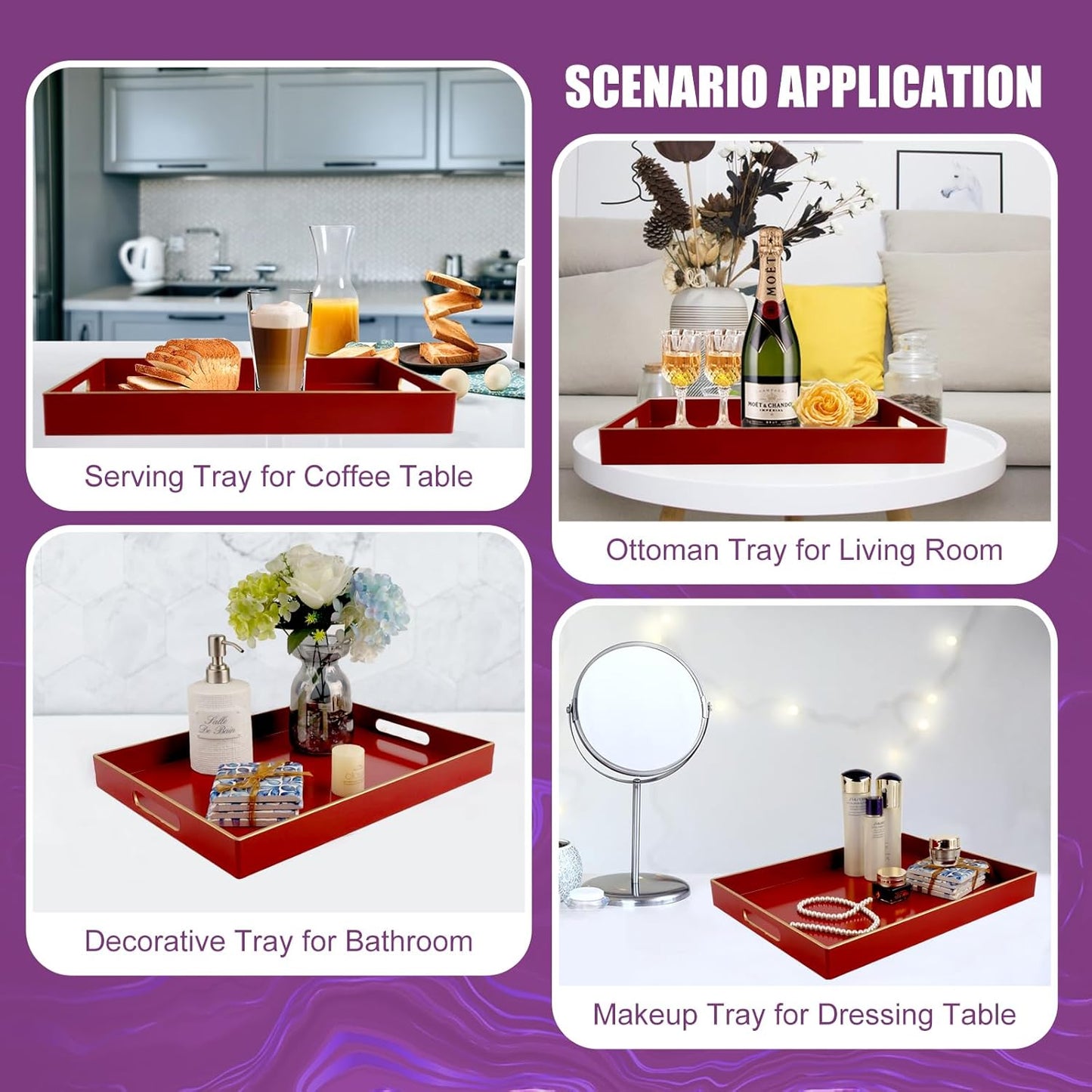 Gifturbo Red Large Serving Tray with Handles，Rectangular Plastic Elegant Decorative Coffee Table Tray for Ottoman, Living Room, Bathroom, Home Decor, Vanity Tray with Gold Trimming, 15.7” x 11.8”