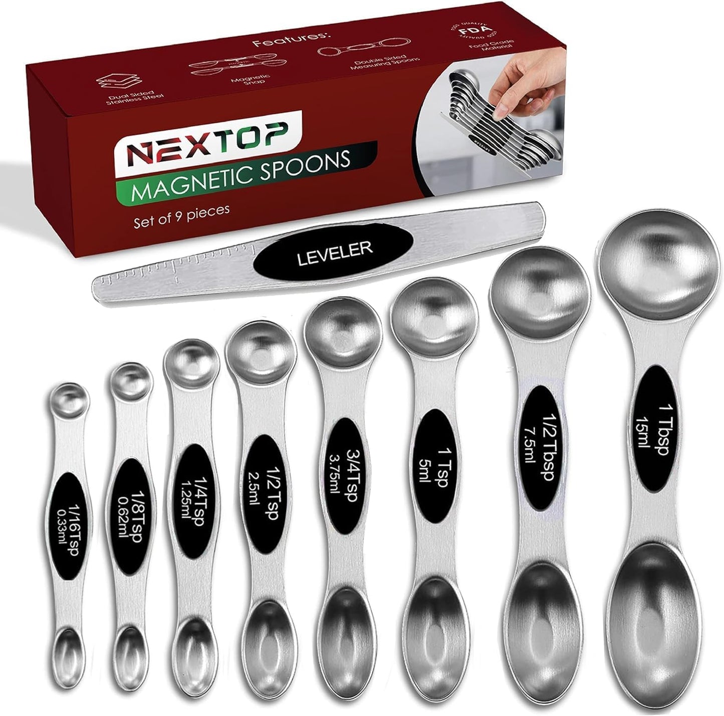 Nextop Stainless Steel Magnetic Measuring Spoons Set – 9 Pieces Dual-Sided Stackable Magnetic Teaspoons and Tablespoons for Dry & Liquid Ingredients – Kitchen Gadgets for Baking & Cooking – Black