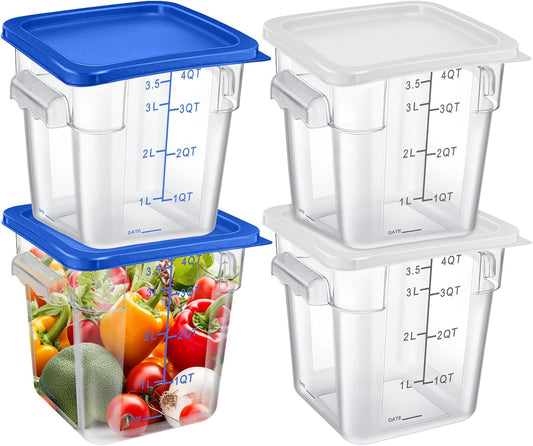 Maxcheck 4 Pcs 4Qt Food Storage Container with Lids Set Square Clear Commercial Containers with Scale and Handle Space Saving for Home Kitchen Restaurant Proof Dough Marinating Meat (White, Blue)