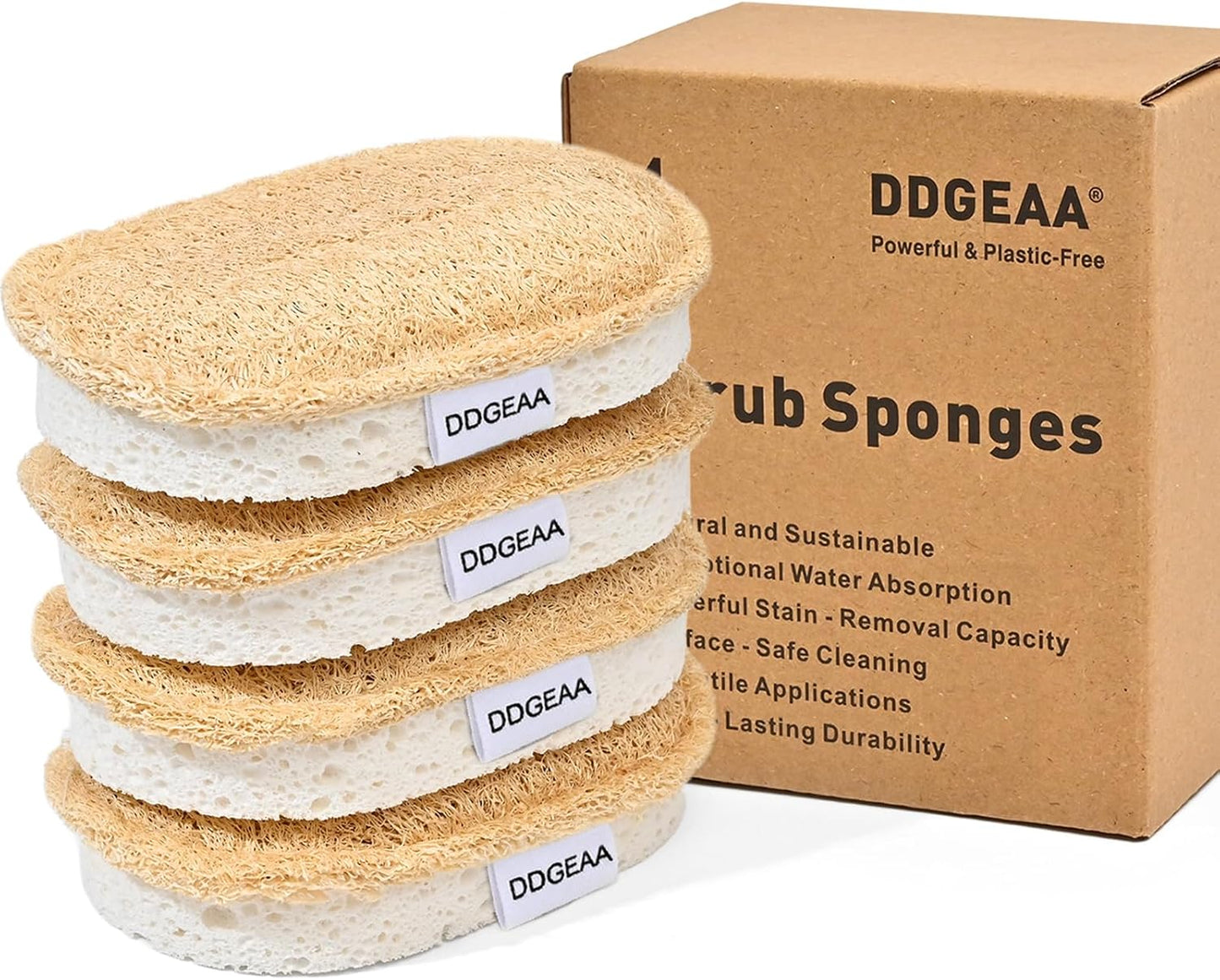 Natural Scrub Sponges Kitchen, Dual-Sided Loofah Dish Sponge - Plastic-Free, Scrubbing Power Without Scratching - 4 Pack White