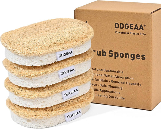 Natural Scrub Sponges Kitchen, Dual-Sided Loofah Dish Sponge - Plastic-Free, Scrubbing Power Without Scratching - 4 Pack White