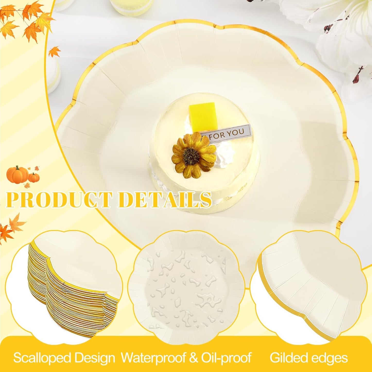 30 Pcs Thanksgiving Paper Plates, 9 Inch Ivory Paper Plate with Gold Trim Cute Beige Disposable Scalloped Plates for Friendsgiving, Baby Shower, Wedding