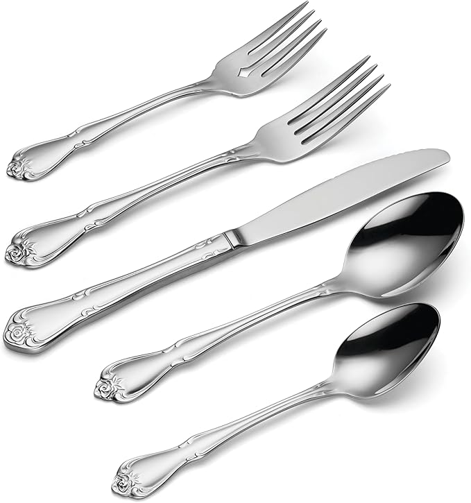 Oneida True Rose 45 Piece Everyday Flatware, Service for 8, 18/0 Stainless Steel, Silverware Set, Silver