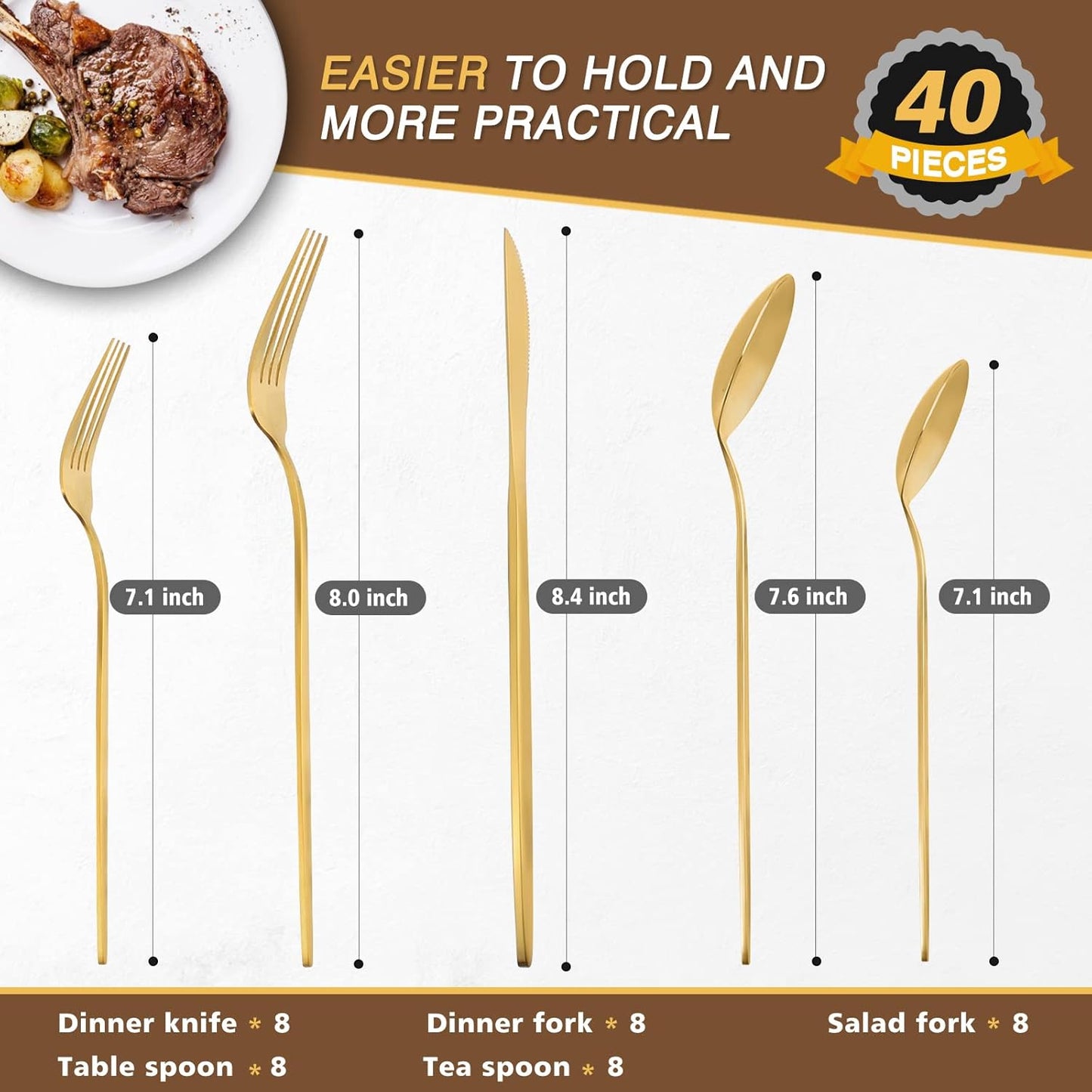 40 Pieces Silverware Set，Matte Gold Stainless Steel Flatware Cutlery Set Service for 8, Stain Finish Kitchen Utensil Set，Include Dinner Knives Forks and Spoons Silverware, Dishwasher Safe