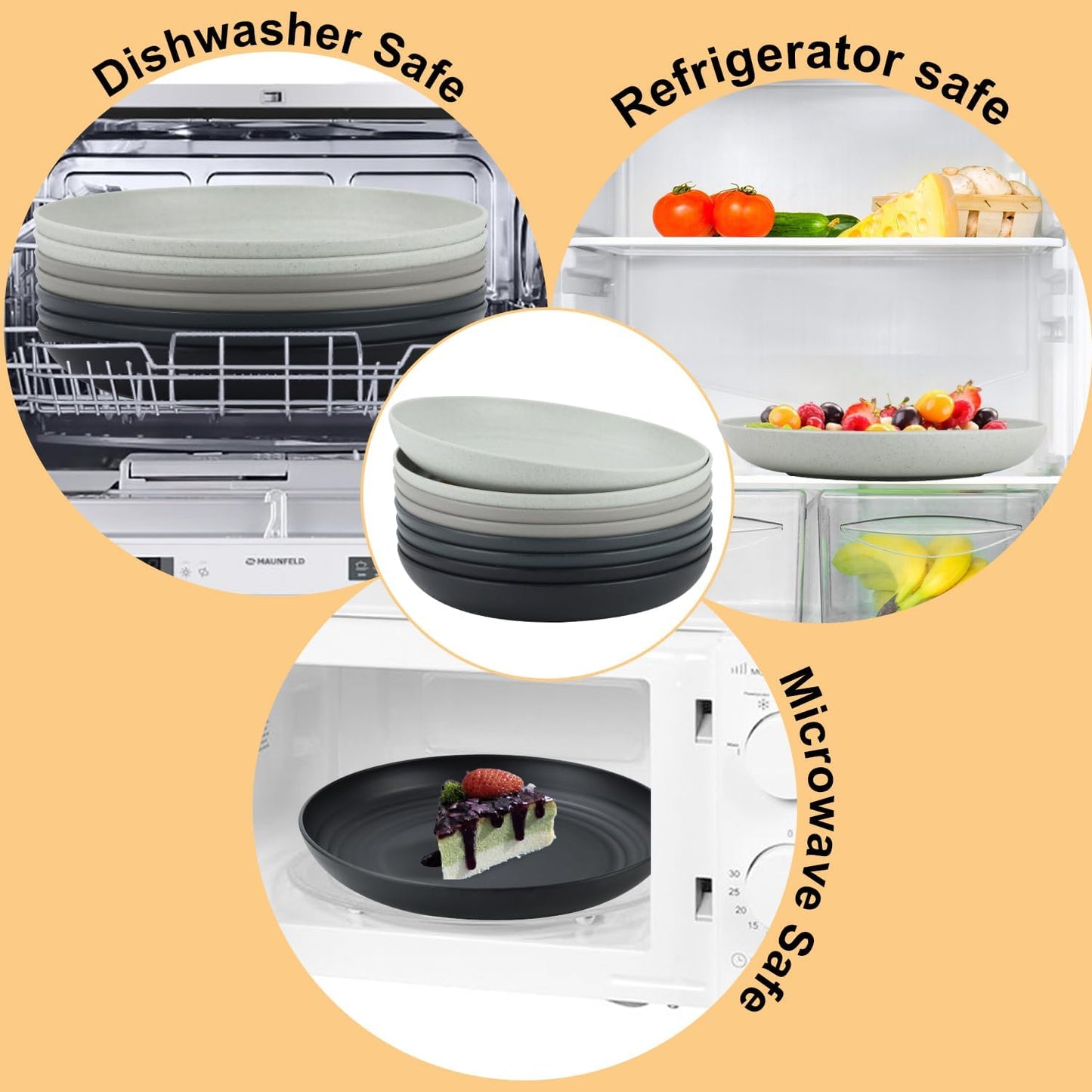 Wheat Straw Plates 9 Inch, Unbreakable Plastic Plates Reusable, Dinner Plates Set of 8, Lightweight Kitchen Plate, Dishwasher & Microwave Safe Plate for Outdoor, Camping, Picnic(Black, Grey)