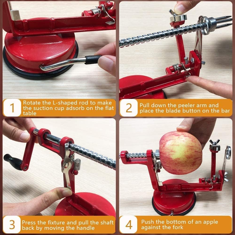 Apple Peeler, Slicer Corer Potato Peelers 3 In 1, Stainless Steel Heavy Duty Suction Cup Base And 7 Extra Blades (Red)