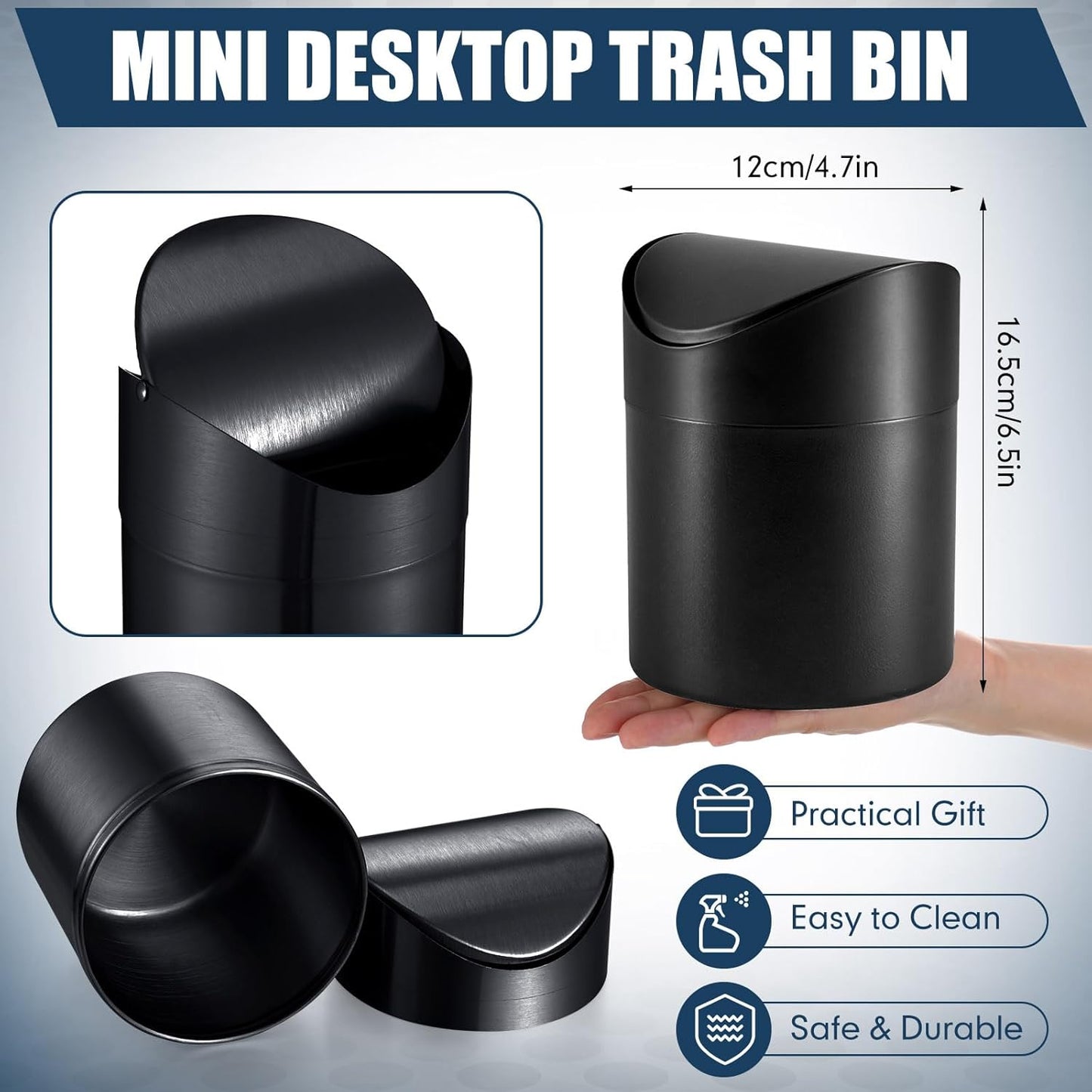 2 Pcs Desk Trash Can with Swing Lids, 12 Rolls of Trash Bags, 2L Brushed Stainless Steel Countertop Garbage Bin Small Wastebasket with Lid for Office Desk, Coffee Table (Black)