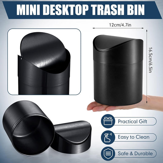 2 Pcs Desk Trash Can with Swing Lids, 12 Rolls of Trash Bags, 2L Brushed Stainless Steel Countertop Garbage Bin Small Wastebasket with Lid for Office Desk, Coffee Table (Black)