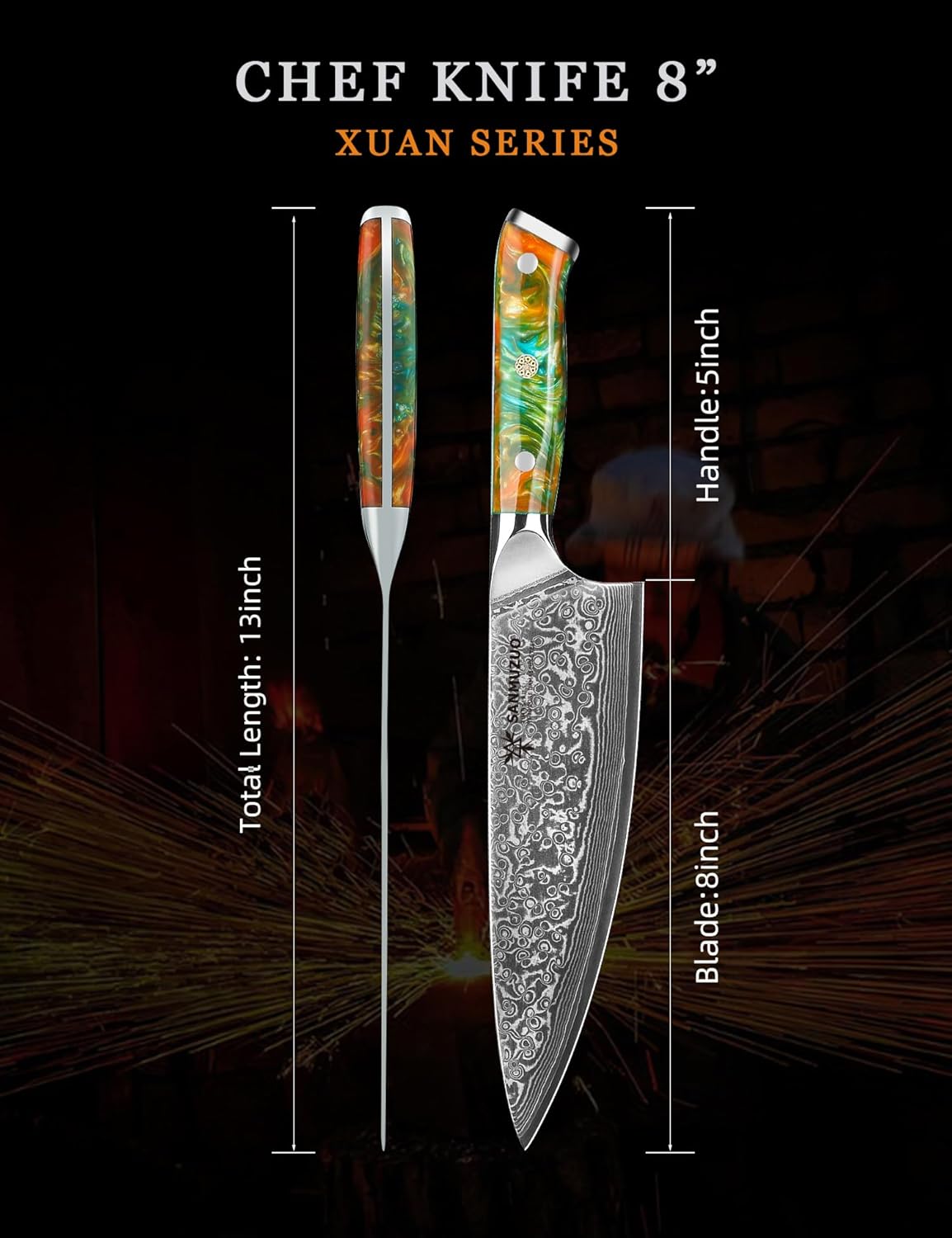 Chef Knife - 8 inch - Xuan Series - VG10 Damascus Steel Kitchen Knife - Resin Handle (Fantasy Orange)