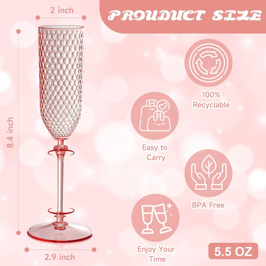 100 Pack Pink Detachable 2 piece Champagne Flutes 5.5 Oz Unbreakable Plastic Mimosa Disposable Champagne Glasses Drinking Cups Stemmed Reusable Wine Toasting Glasses for Wedding (100, Clear Pink)
