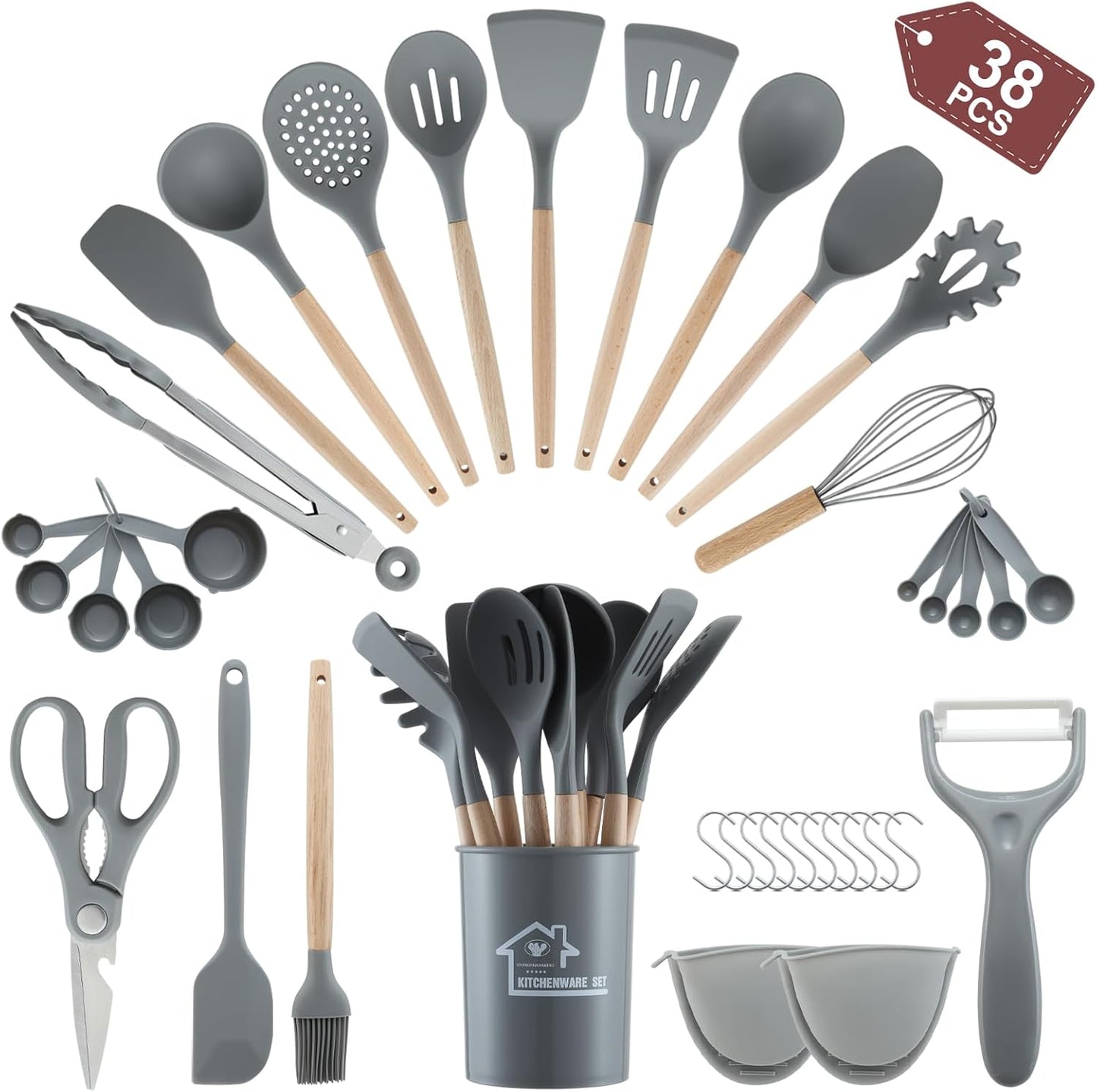 Unokit Silicone Cooking Utensils Set for Kitchen - 38 PCS Utensils Set, 446℉ Heat Resistant Cooking Utensils Spatula Set with Wooden Handle and Holder, Gadgets for Non-Stick Cookware, Grey