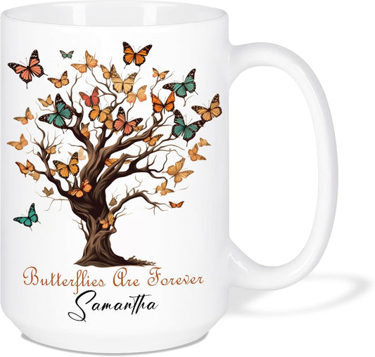 Personalized Name On Butterflies Are Forever Travel Cups, Custom Unique Butterfly Ceramic Tea Mugs, Customized Meaningful Animal Coffee Cups For Friends On Occasions 11oz 15oz