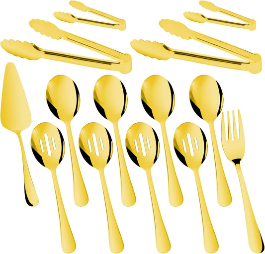 14PCS Serving Utensils - Hostess Serving Utensils Set, Premium Stainless Steel 8.7 inch Serving Utensils, Slotted Spoons, Fork, Tongs, Cake Pie Server for Buffet, Wedding, Dinner (Gold)