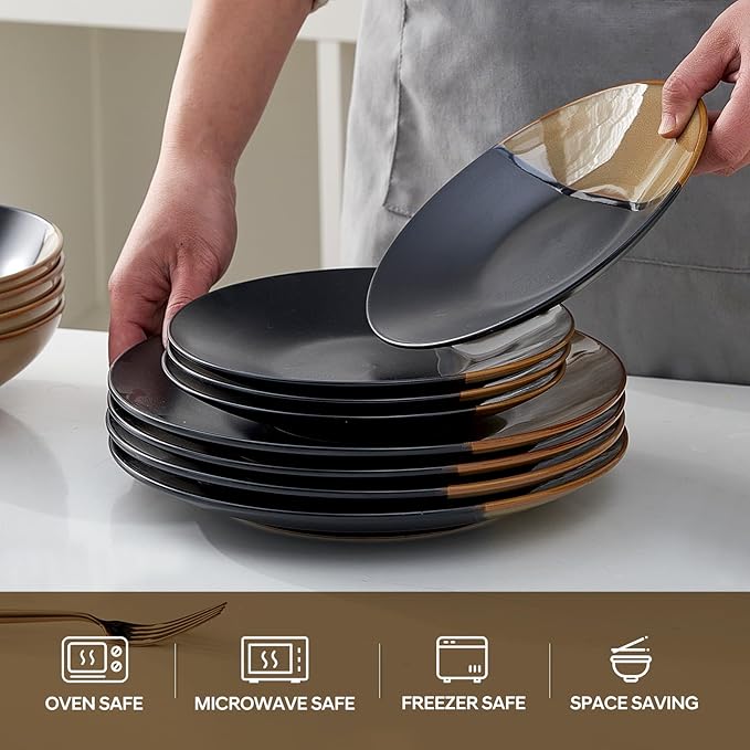 Beston Stoneware Dinnerware Sets Service for 4, 16 pcs Reactive Glaze Plates and Bowls Sets, Handmade Ceramic Dish Set, Highly Chip and Crack Resistant Modern Plate Set, Brown and Black