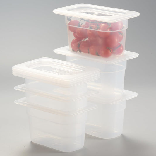 CURTA 6-Pack 1/9 Size 4" Deep Food Pan with Handled Lid – NSF Listed Commercial-Grade Translucent Polypropylene, Stackable Freezer-safe Storage for Restaurants, Catering & Buffets