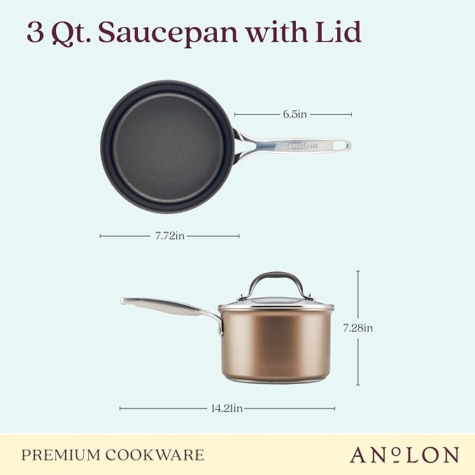 Anolon Ascend Hard Anodized Nonstick Sauce Pan/Saucepan and Lid - Good for All Stovetops (Gas, Glass Top, Electric & Induction), Dishwasher & Oven Safe with Stainless Steel Handle, 3 Quart - Bronze