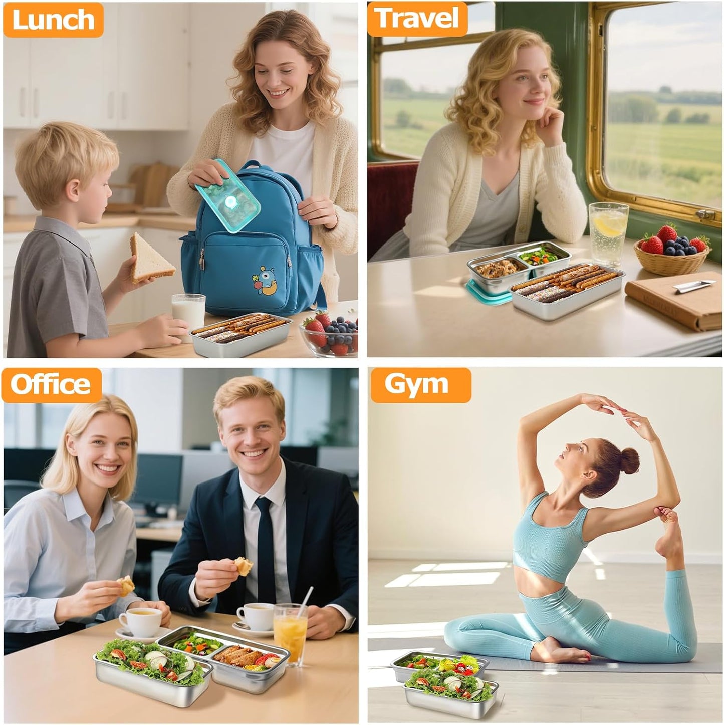 Stainless Steel Snack Containers with Lids, 3 Pack Reusable Lunch Box (3 Single + 3 Double Compartment) with Forks, Food Storage Bento Box for Work, Travel, Grab and Go, Leak Proof, Dishwasher-Safe