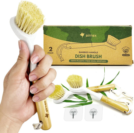 Bamboo Dish Scrubber Brush Set of 2-100% Plastic-Free Kitchen Brushes for Dishes Made from Wheat Straw with Sisal Bristles - Non Scratch, Odor Free Wood Scrub for Pots, Pans and Vegetables