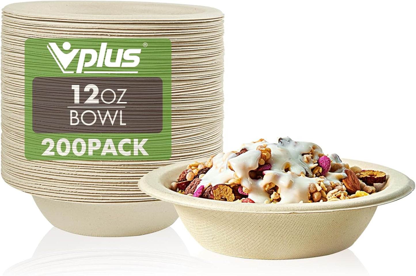 Vplus 200 Pack 12 OZ Paper Bowls, Disposable Compostable Bulk, Eco-friendly Bagasse, Heavy-duty Bowls Perfect for Milk Cereals, Snacks, Salads