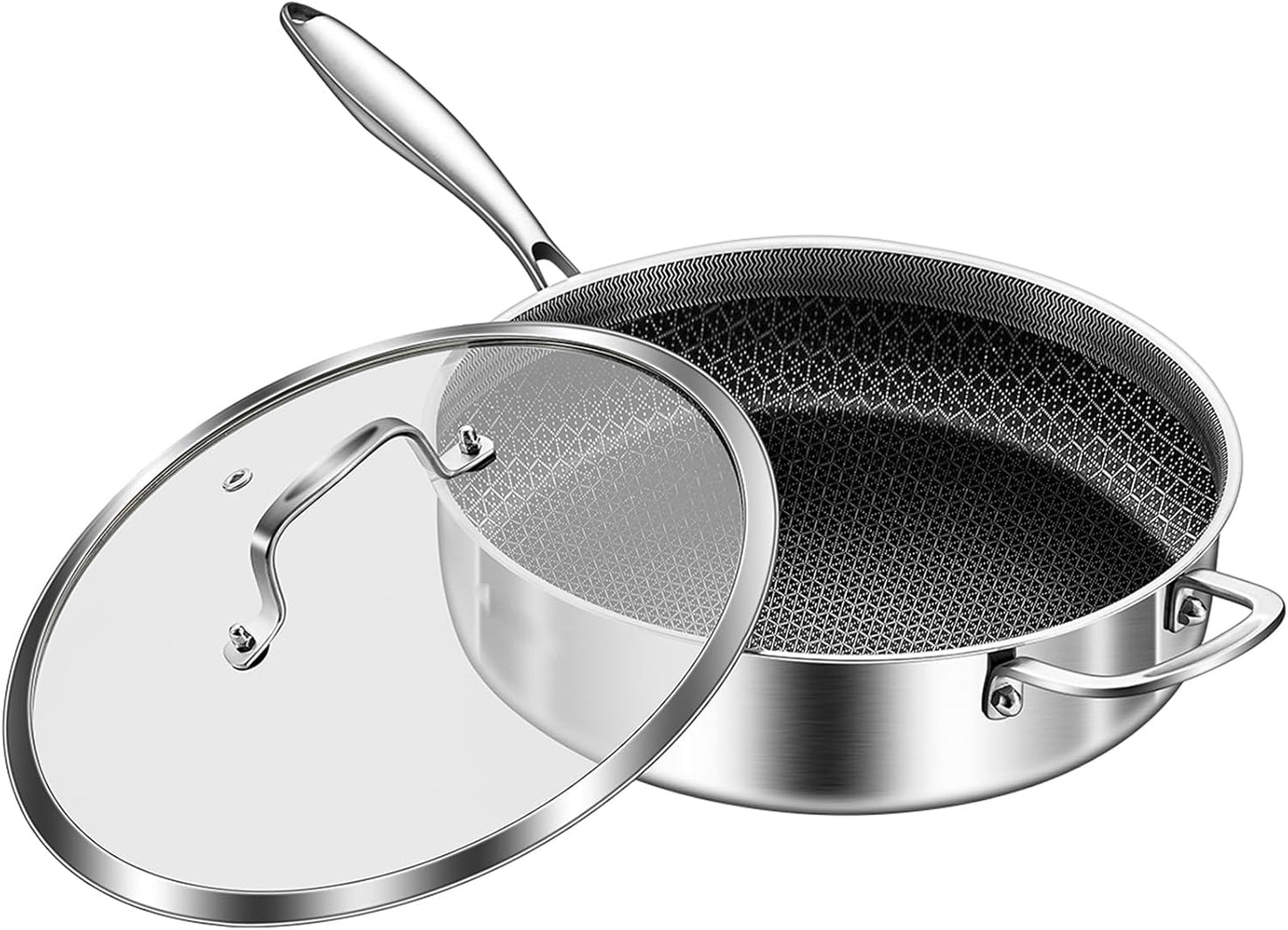 DELARLO Tri-Ply Stainless Steel 12 Inch Deep Frying Pan with lid,7QT Saute Pan Nonstick,Compatible with All Cooktops,Oven Up to 660℉,Chicken Fryer,Dishwasher-Friendly