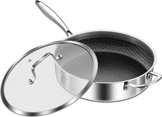 DELARLO Tri-Ply Stainless Steel 12 Inch Deep Frying Pan with lid,7QT Saute Pan Nonstick,Compatible with All Cooktops,Oven Up to 660℉,Chicken Fryer,Dishwasher-Friendly
