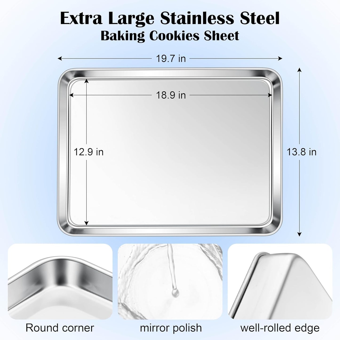 E-far Large Baking Sheet, 20”x14” Stainless Steel Cookie Sheet Pan for Oven, Non Toxic Metal Baking Tray for Cake Cookies, Healthy & Rust Free, Mirror Finish & Dishwasher Safe, 1 Pack