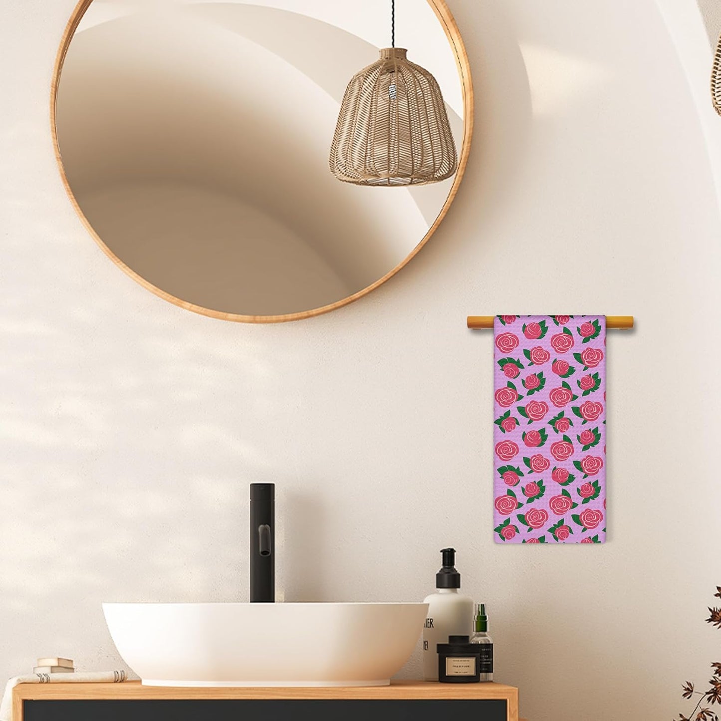 Pink Rose Floral Kitchen Towels, Rustic Farmhouse Hand Towels for Bathroom Decor, Cottagecore Rose Floral Botanical Dishcloths Dish Towel for Kitchen 16x24 Inches