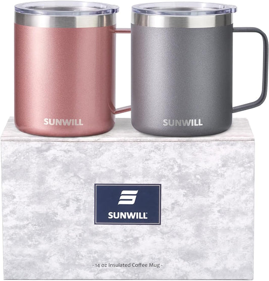 SUNWILL Travel Coffee Mug with Lid, Insulated Tumbler with Handle, 14 oz Stainless Steel Cup Set of 2 for Camping, Outdoor, Cool Grey & Rose Gold 2 Pack